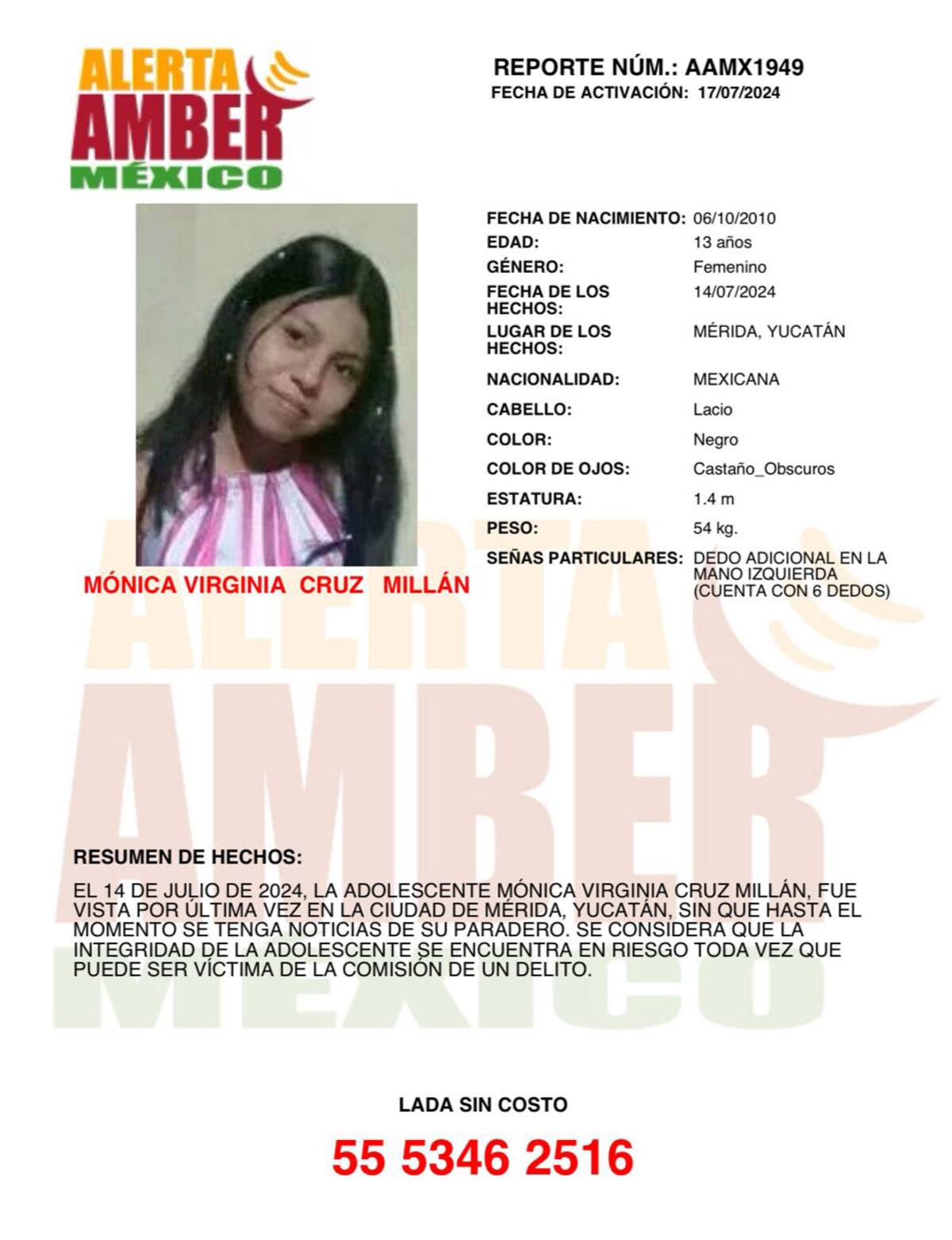 Alerta Amber de Mónica Virginia Cruz Millán.