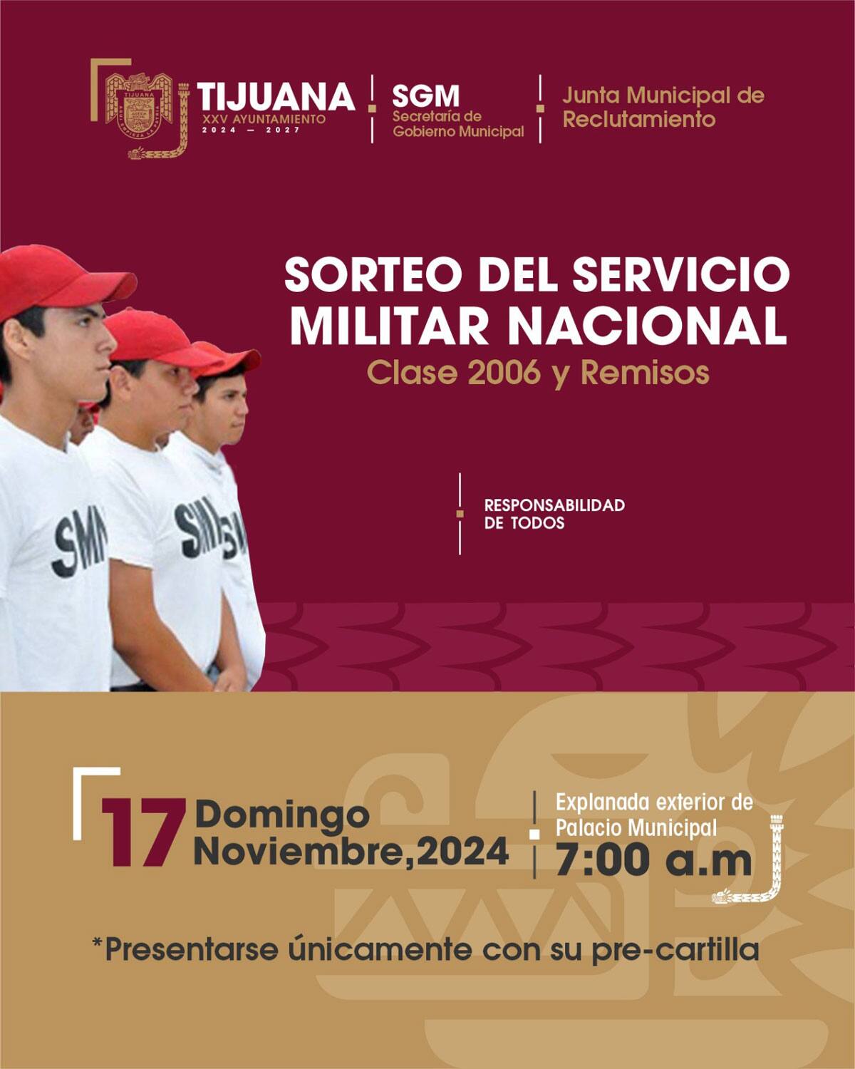 La Junta Municipal de Reclutamiento convoca al Sorteo para el Servicio Militar Nacional (SMN).