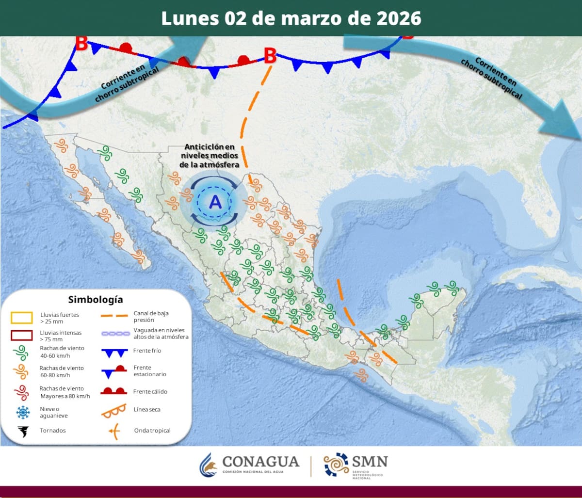 Pronóstico del clima para el lunes 2 de marzo del 2026. | Crédito: SMN