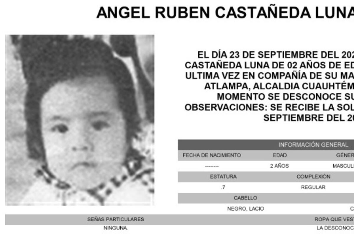 ALERTA AMBER: Se solicita con urgencia localizar al niño Ángel Rubén Castañeda Luna, de 2 años de edad, en la CDMX