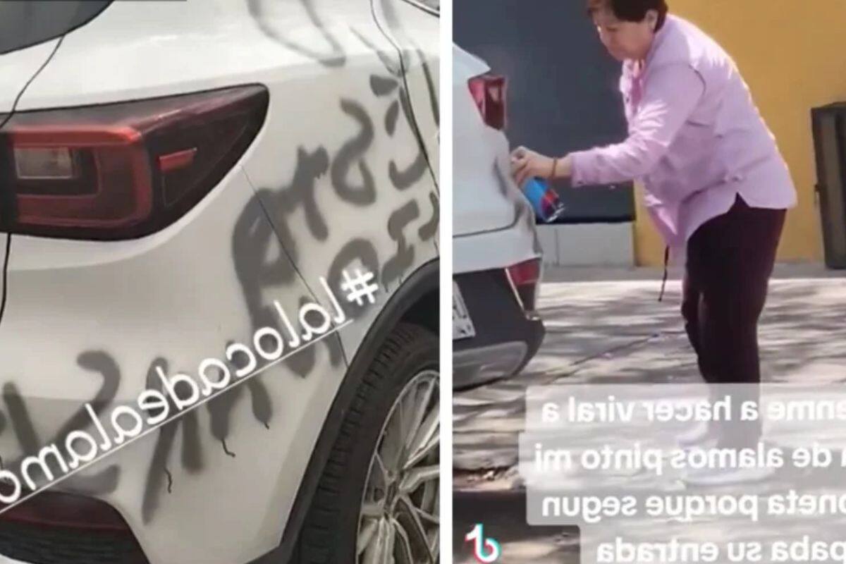 VIDEO | Señora grafitea camioneta que se estacionó frente a su casa