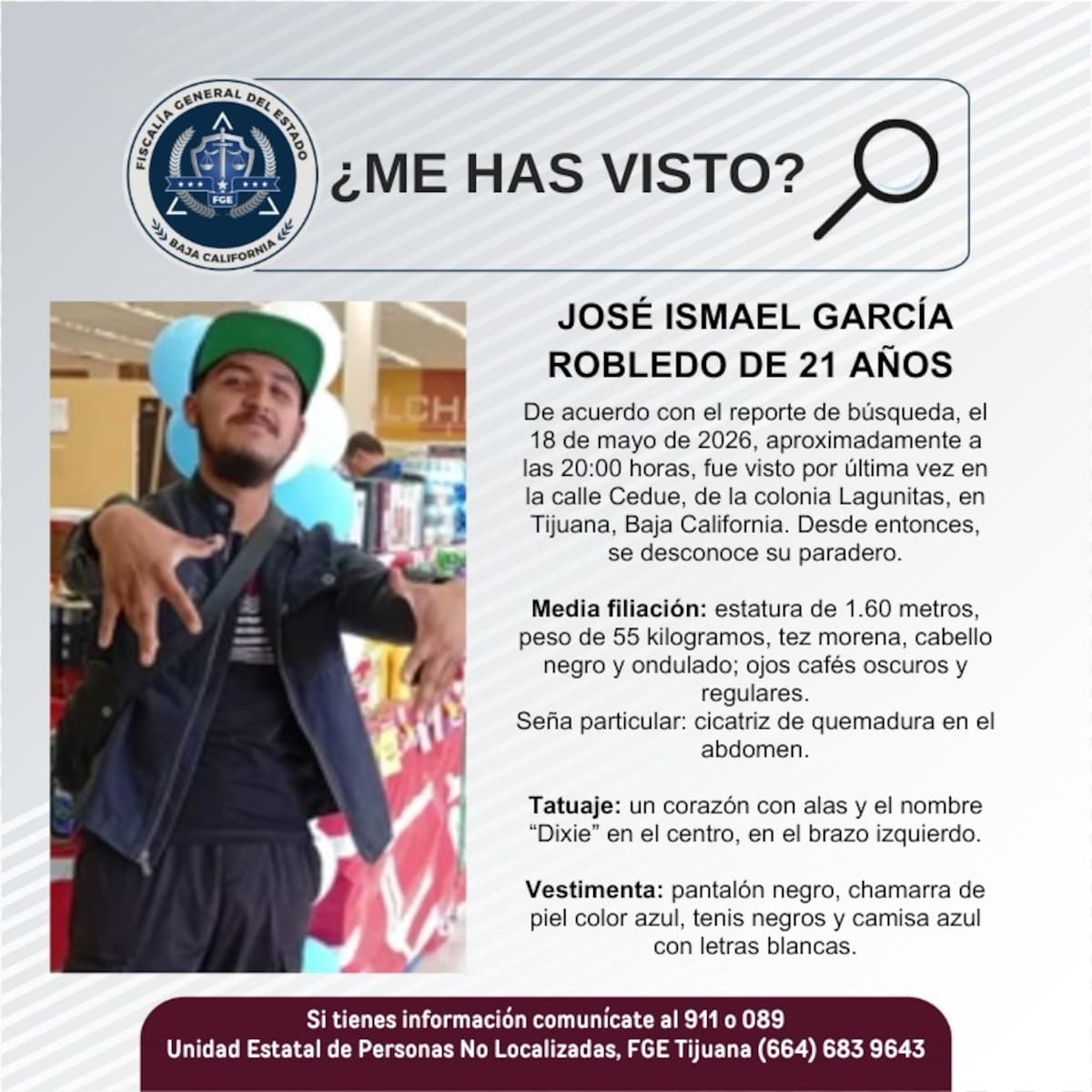 Fue visto por última vez el 18 de mayo de 2026. Foto: Cortesía