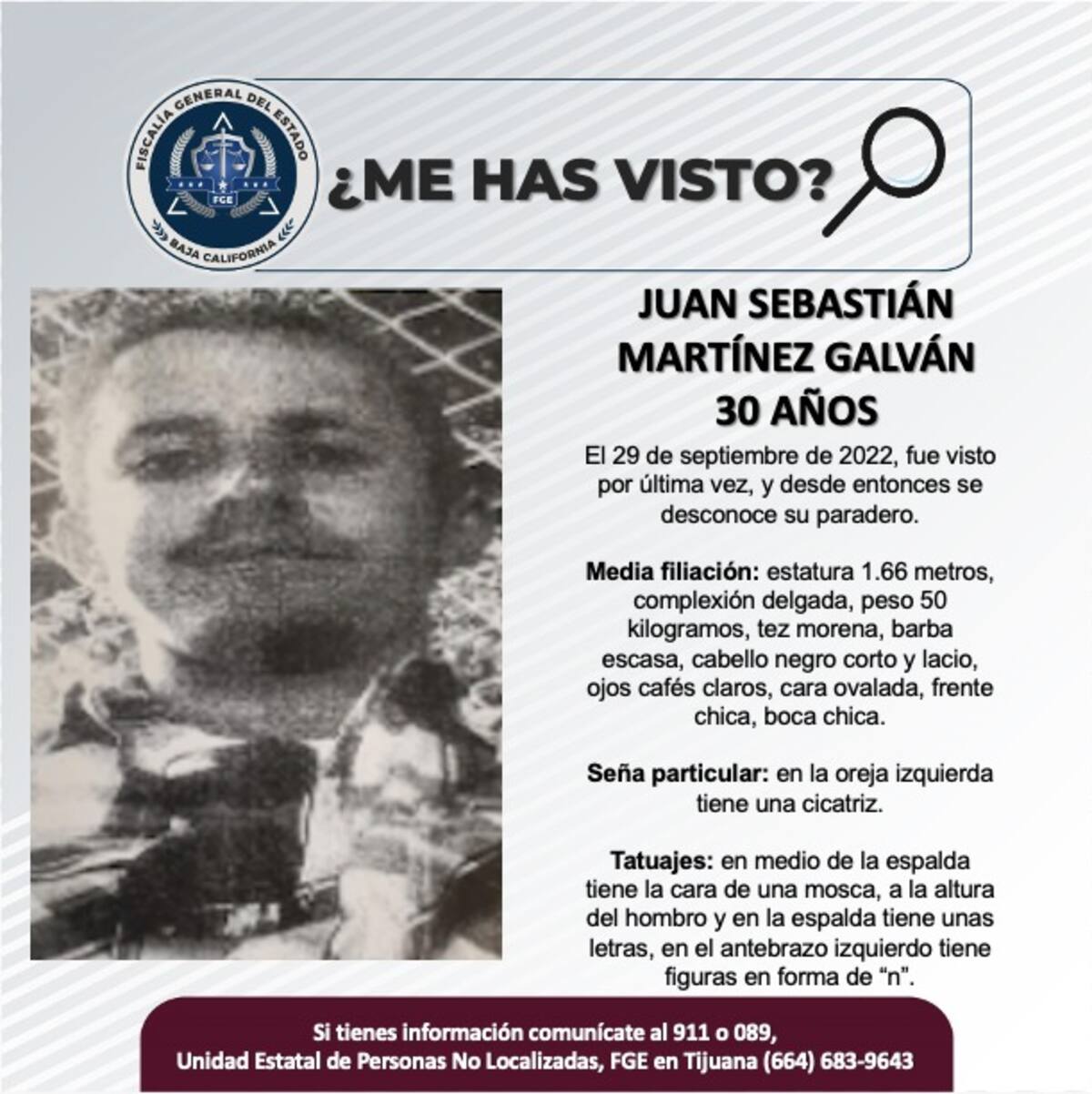 Juan Sebastián Martínez Galván fue visto por última vez el 29 de septiembre de 2022.