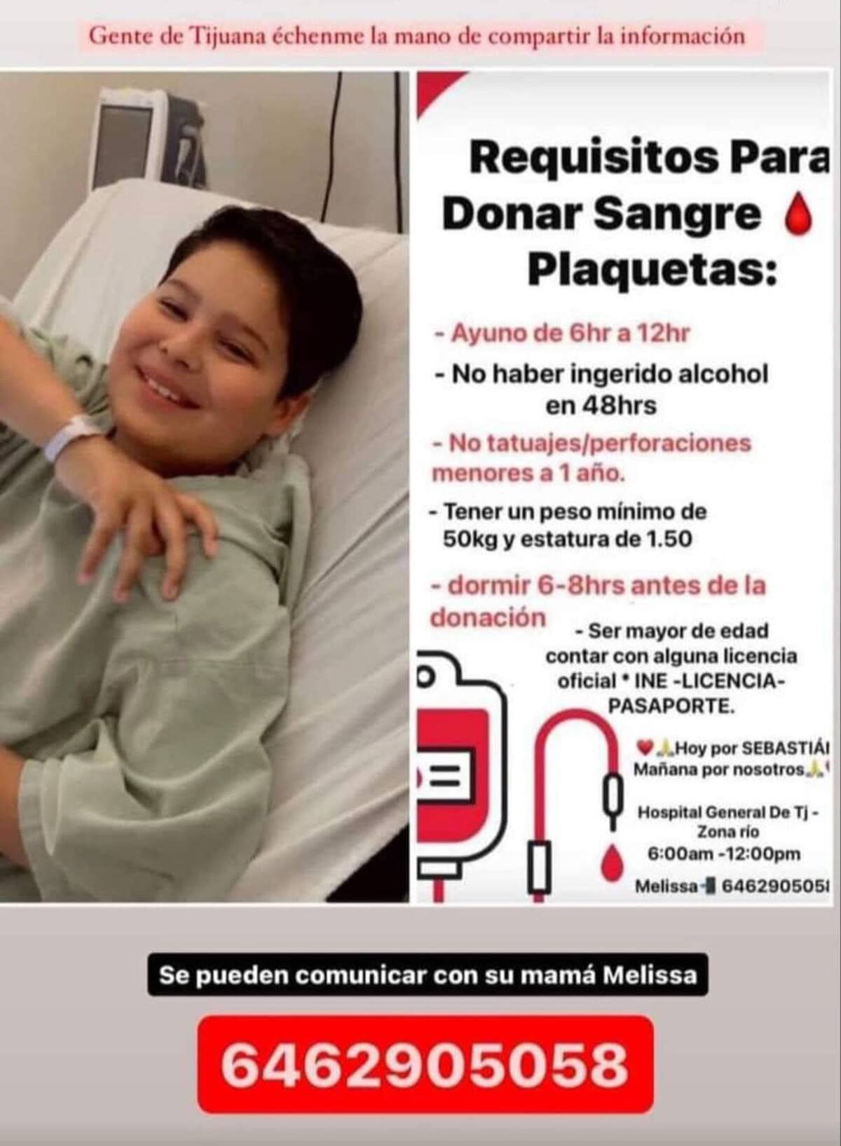 Se necesitan donadores de sangre para apoyar a Sebastián.