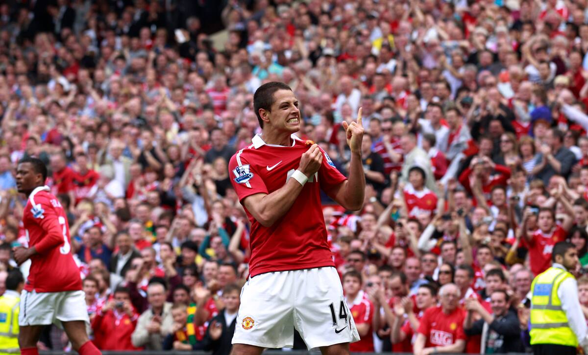 TO GO WITH CHICHARITO MAN U - FILE - In this Saturday April 23, 2011 file photo, Manchester United's Javier Hernandez, center, celebrates after scoring against Everton during their English Premier League soccer match at Old Trafford Stadium, Manchester, England. (AP Photo/Jon Super)   NO INTERNET/MOBILE USAGE WITHOUT FOOTBALL ASSOCIATION PREMIER LEAGUE(FAPL)LICENCE. EMAIL info@football-dataco.com FOR DETAILS.