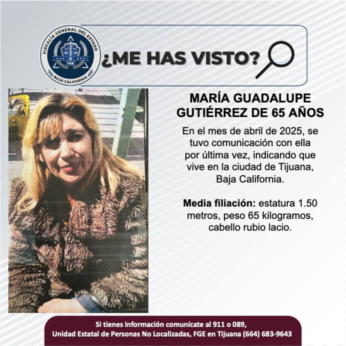 María Guadalupe Gutiérrez fue vista por última vez el 9 de noviembre de 2014.