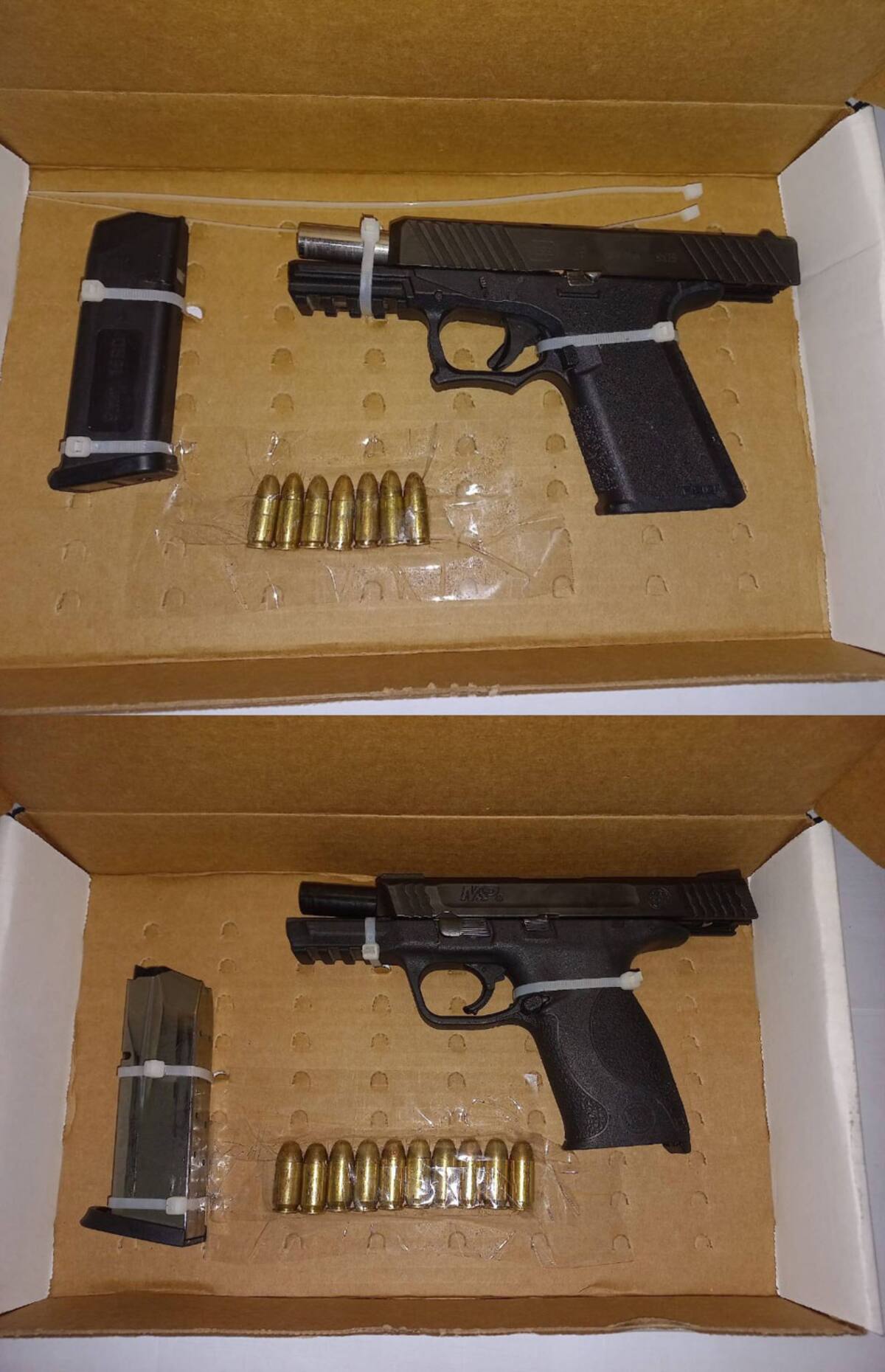 Las armas decomisadas son una pistola calibre .45 abastecida con 10 cartuchos útiles, y otra pistola calibre 9 milímetros abastecida con 7 cartuchos útiles.