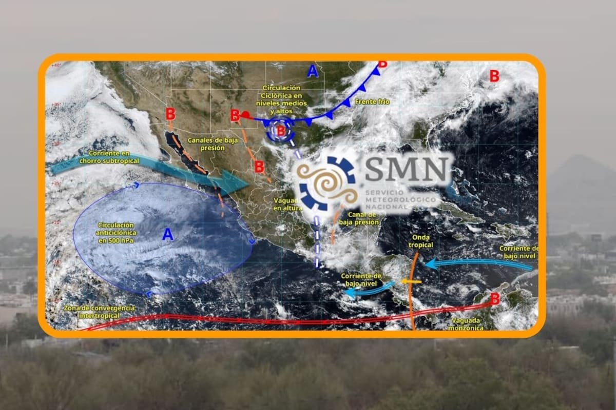 SMN advierte por frente frío atípico y onda tropical que traerán tres días de lluvias fuertes a México y alcanzarán los 150 mm en estas ciudades junto a rachas de viento de hasta 80 km/h mientras el calor se mantendrá intenso
