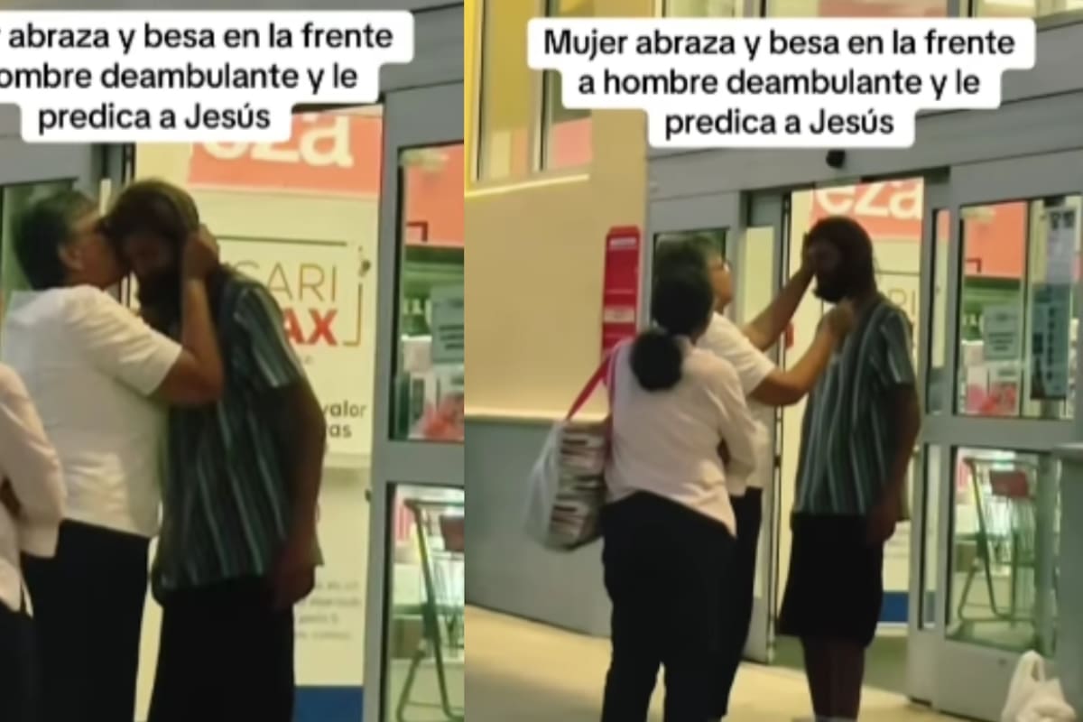 Mujer se vuelve viral por abrazar y besar en la frente a un indigente mientras predicaba sobre Dios