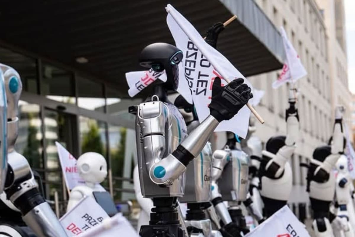 Treinta robots con banderas polacas se manifestaron frente al ministerio de tecnología para exigir leyes que protejan los empleos humanos ante el avance de la inteligencia artificial