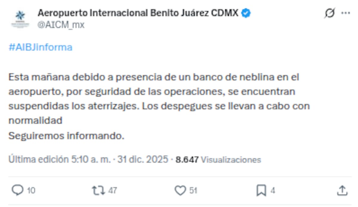El AICM precisó que la suspensión aplica únicamente para arribos y que las operaciones de despegue no presentan afectaciones. | Captura de pantalla