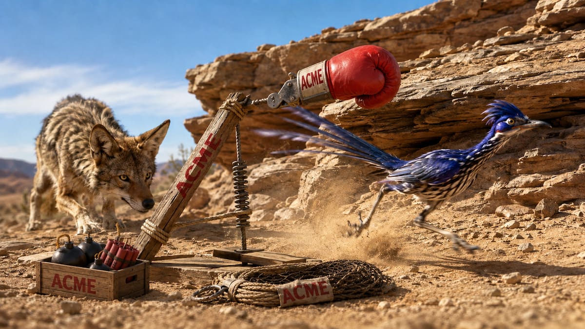 Una de las recreaciones imagina al Coyote preparando un enorme guante de boxeo ACME mientras el Correcaminos escapa entre las rocas del desierto.