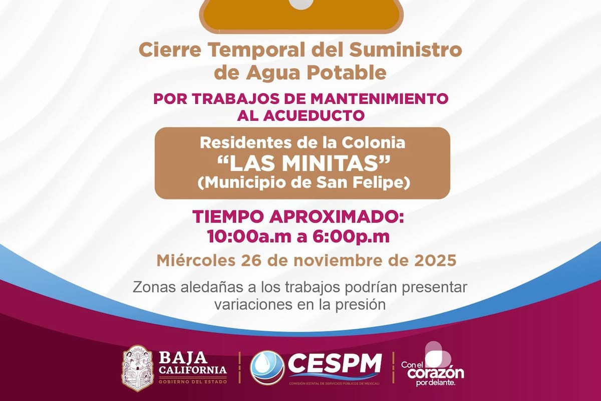 Cierres temporales de agua en Pueblo Nuevo, Segunda Sección y SF