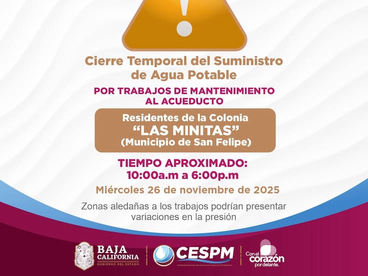 Cierres temporales de agua en Pueblo Nuevo, Segunda Sección y SF