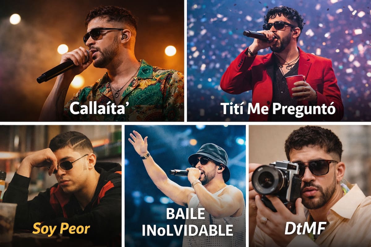 Posibles canciones de Bad Bunny para el show de medio tiempo del Super Bowl LX, según predicciones de fans y analistas.