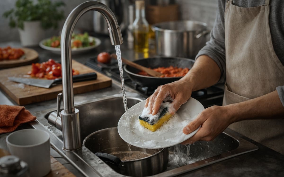Lavar los platos mientras cocinas revela organización y control del tiempo, y puede reducir el estrés diario al evitar acumulación de tareas en la cocina. Foto: Especial