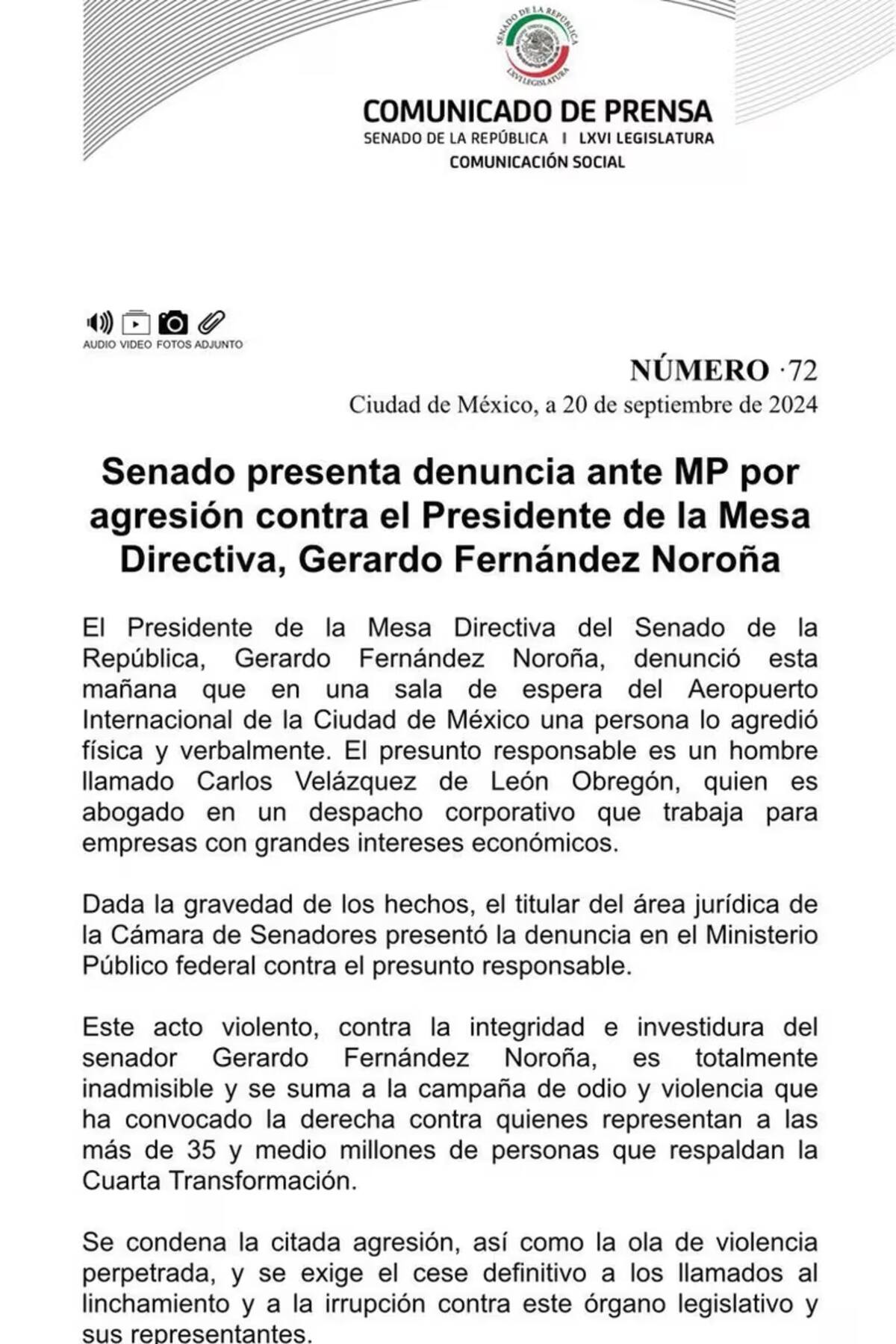 Comunicado del Senado de la República donde se informa sobre la denuncia presentada ante el Ministerio Público por la supuesta agresión física contra Gerardo Fernández Noroña en el Aeropuerto Internacional de la Ciudad de México. FOTO: @senadomexicano