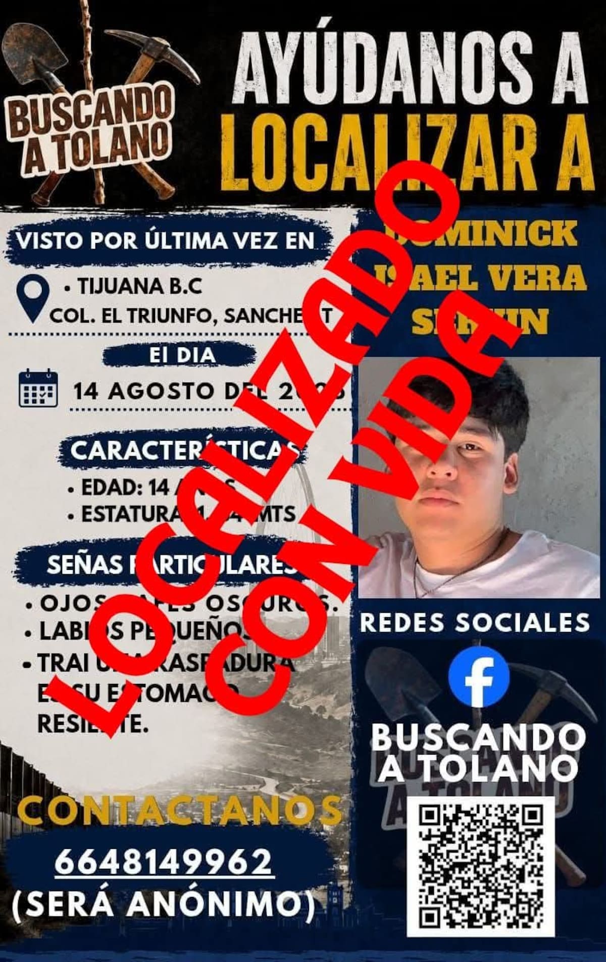 Ficha de búsqueda del adolescente de 14 años, quien fue reportado como desaparecido en Tijuana y posteriormente localizado con vida. Foto: Cortesía