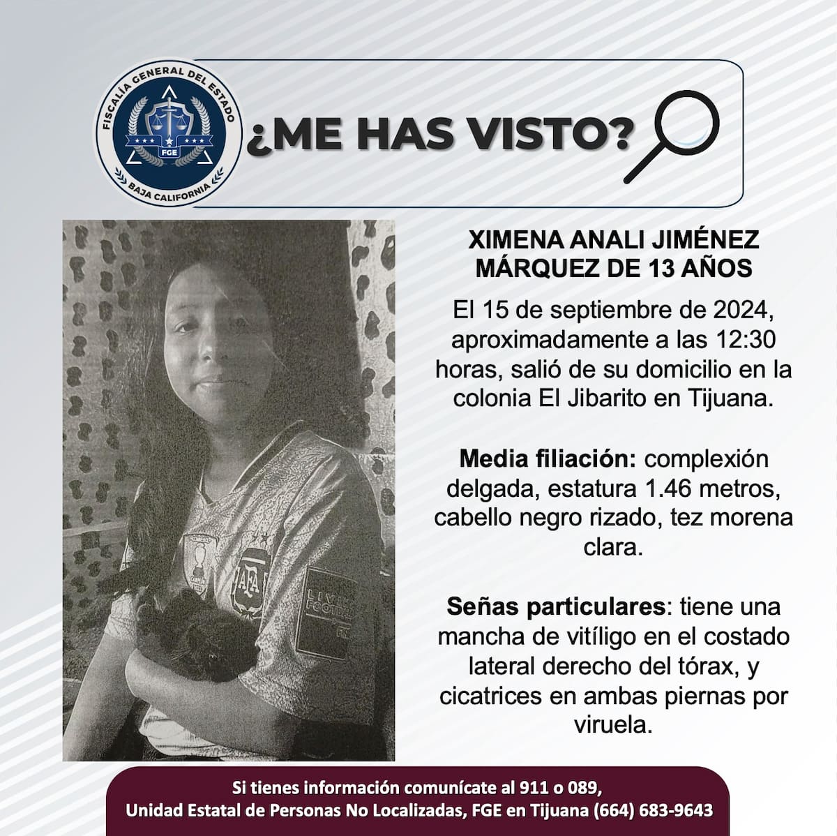 Ximena Anali Jiménez Márquez fue vista por última vez el 15 de septiembre del 2024.