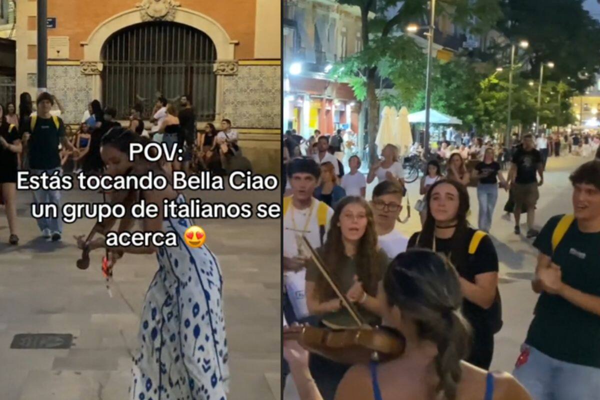 Mujer violinista toca “Bella Ciao” y un grupo de italianos desconocidos canta con ella