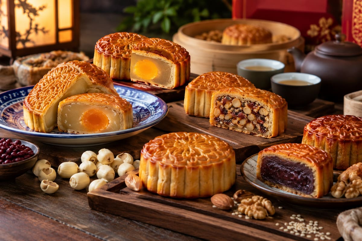 Los mooncakes pueden llevar rellenos de pasta de semilla de loto, frijol rojo, frutos secos y otros ingredientes. También existen variedades regionales, entre ellas los estilos cantonés, de Beijing, Suzhou, Chao y Yunnan. | Crédito: Imagen hecha con IA de ChatGPT