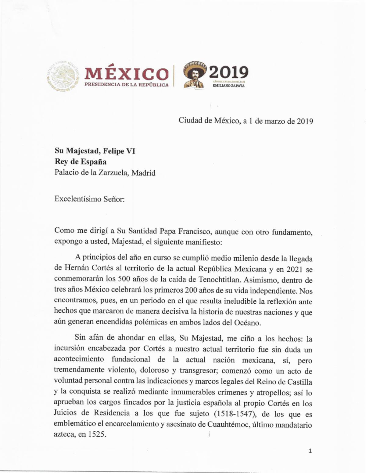 La carta de AMLO enviada en 2019 al Rey de España en la que pedía que se disculparan por la conquista a México.