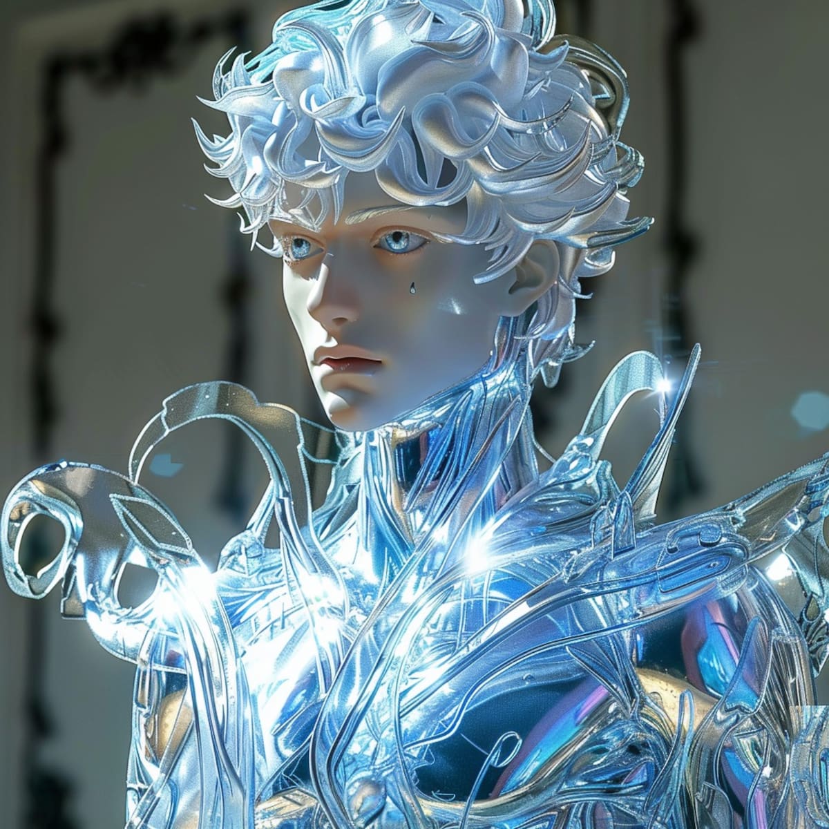 La inteligencia artificial da vida a la elegancia del Caballero de Cristal, revelando una figura imponente y única.