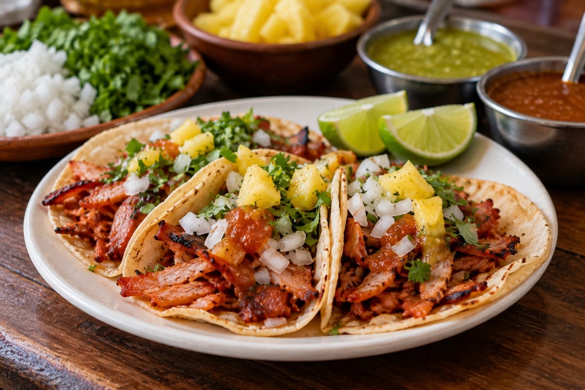 Los tacos al pastor suelen servirse con piña, cebolla, cilantro, salsa y limón, ingredientes que complementan el sabor de la carne marinada y cocinada en trompo. | Crédito: Imagen hecha con IA de ChatGPT