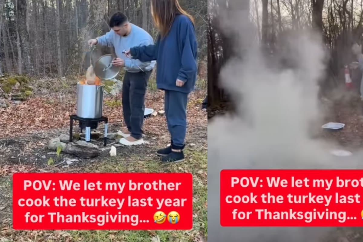 “Él: ‘¿Mamá, puedes cocinar esta noche?’”: Joven graba a su hermano incendiando el pavo familiar y el momento se vuelve viral
