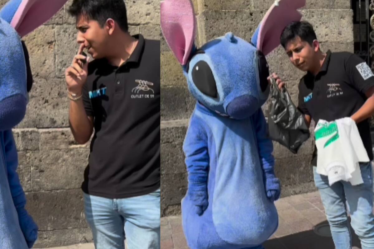 ¿Oye, pero no te da mucho calor?’: Influencer entrevista a joven en botarga de Stitch y le regala una camiseta al final