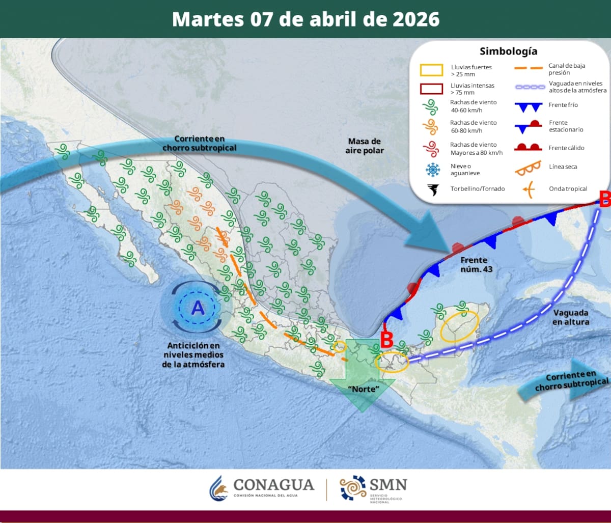 Pronóstico del clima para el martes 7 de abril del 2026. | Crédito: SMN