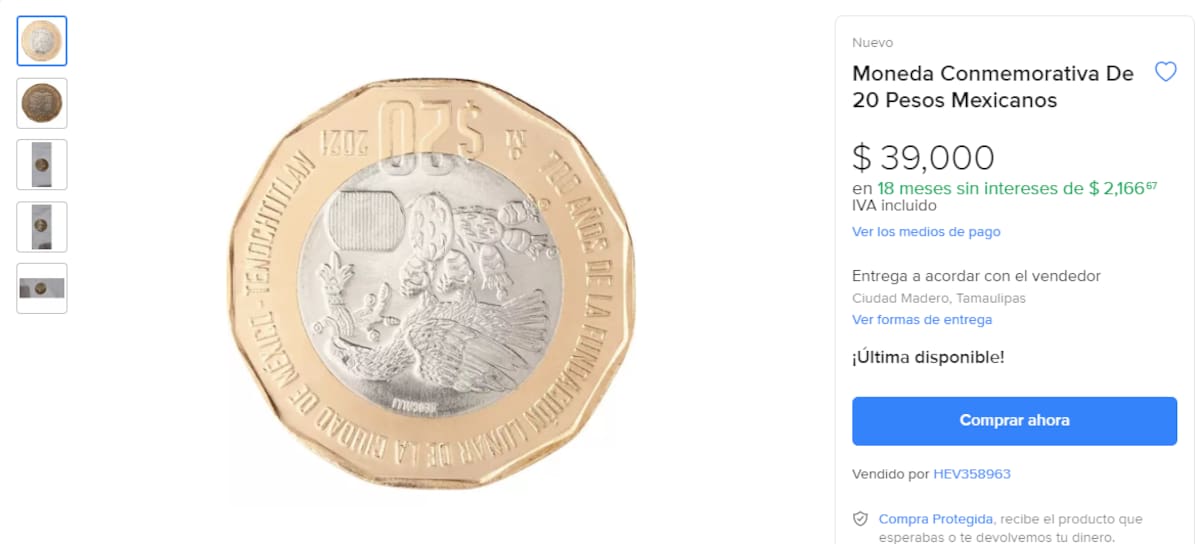 La moneda de 20 pesos se oferta en 39 mil pesos en sitios de compra- venta