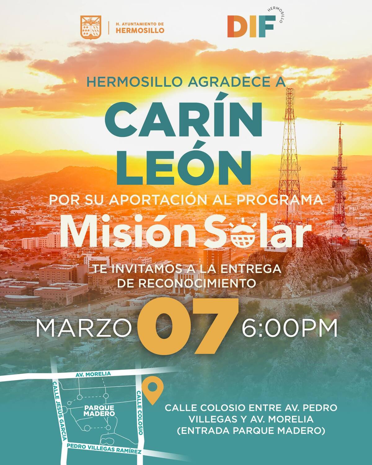 La ceremonia será el viernes 7 de marzo a las 6:00 PM en la entrada del Parque Madero. Foto: Facebook Gobierno de Hermosillo