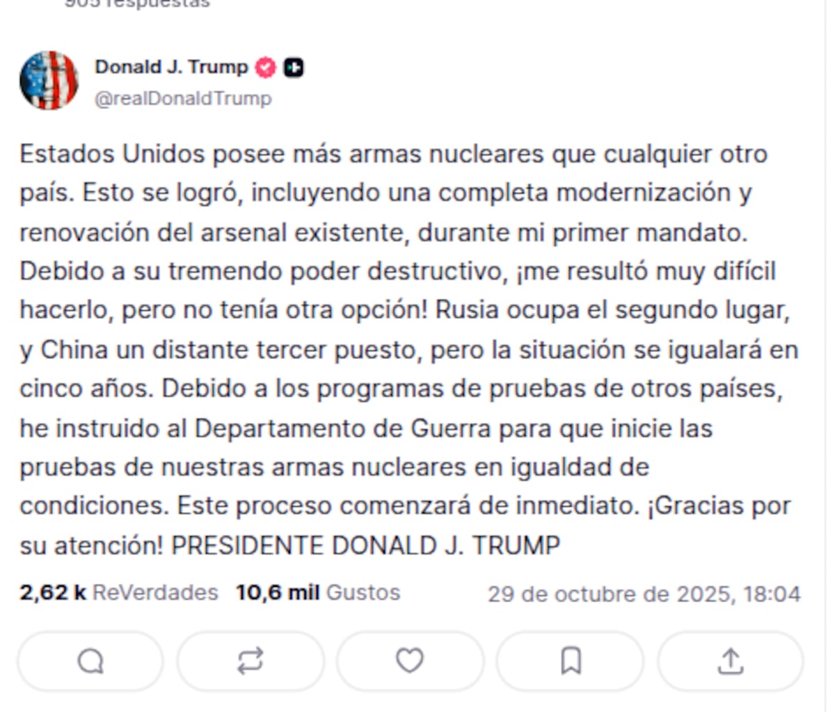 Donald Trump a través de Truth Social, traducido al español de forma automática.