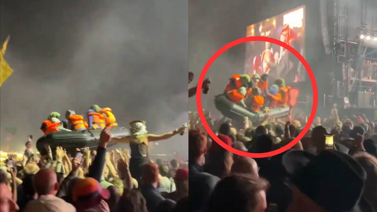 Bansky sorprende en Glastonbury con performance de un inflable con forma de lancha que representaba a inmigrantes