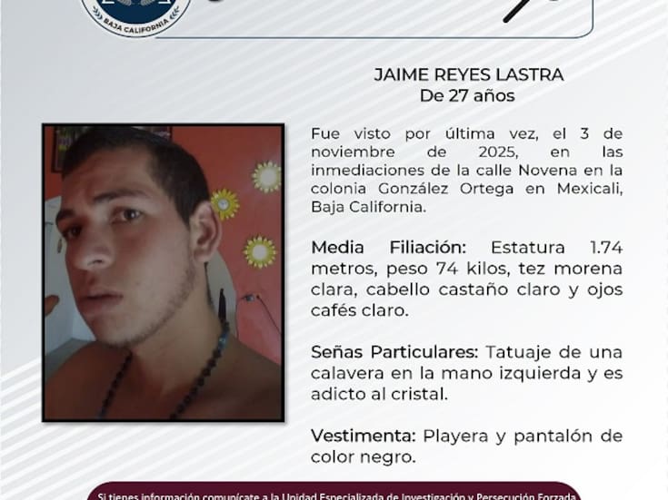 Buscan a Jaime Reyes Lastra, desaparecido desde principios de noviembre