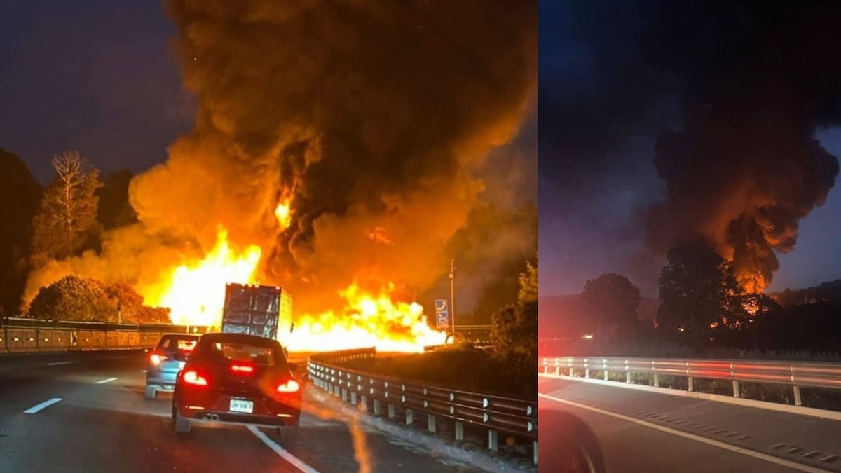 Cierre total en autopista México-Puebla por volcadura e incendio de pipa con diésel, el accidente se registró en el kilómetro 48, a la altura de Ixtapaluca; se desconoce el número de víctimas
