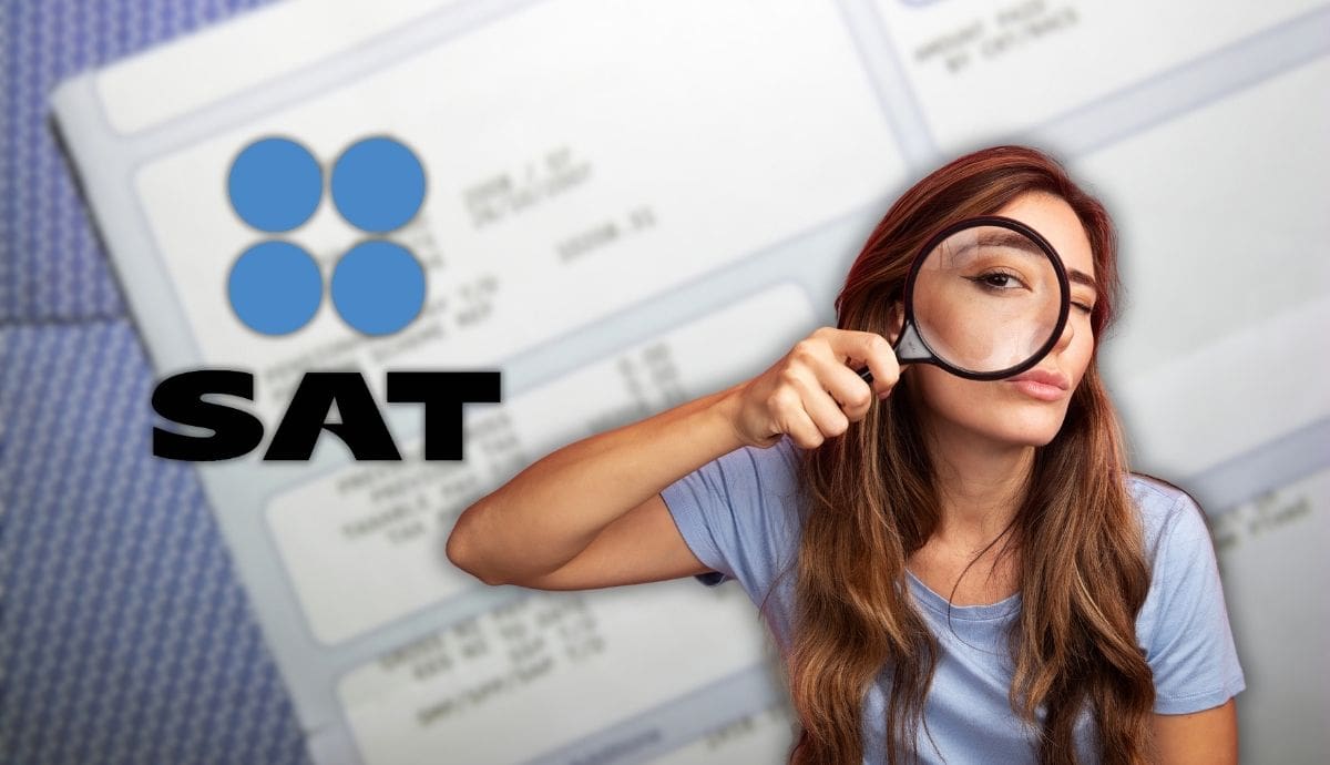 Una contribuyente revisa a detalle un comprobante de nómina con el logotipo del SAT para verificar sus ingresos declarados. | Canva, Magnific