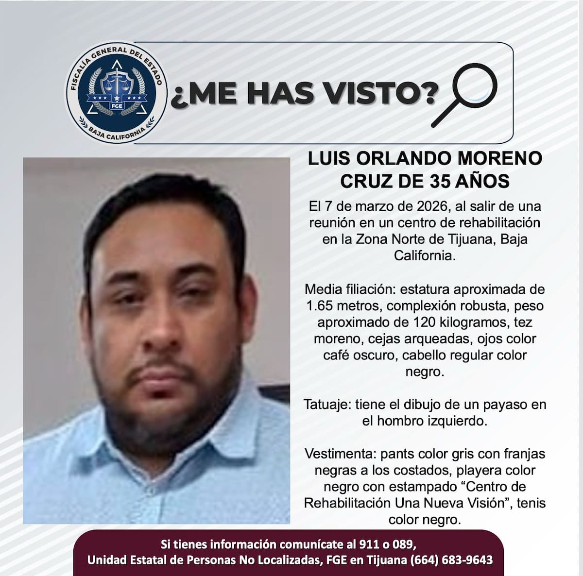 Fue visto por última vez el 7 de marzo de 2026.