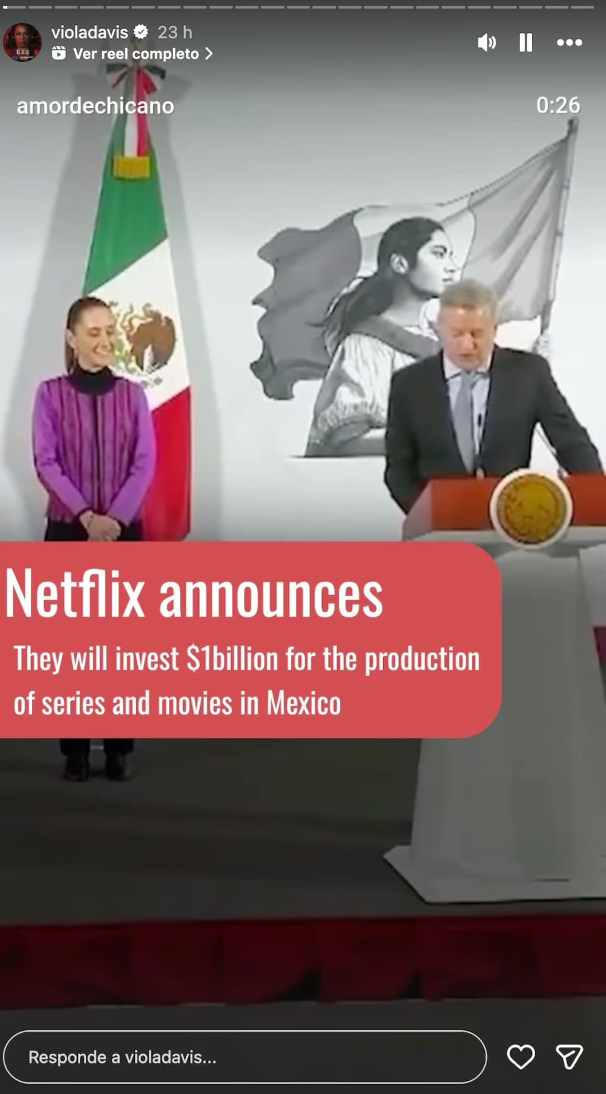 Viola Davis comparte reel en el que se reconoce la labor de Claudia Sheinbaum. | Captura de pantalla: IG @violadavis