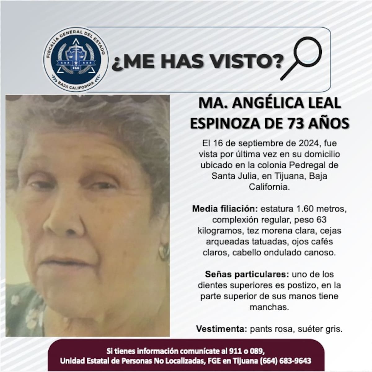 Ma. Angélica Leal Espinoza fue vista por última vez el 16 de septiembre de 2024.