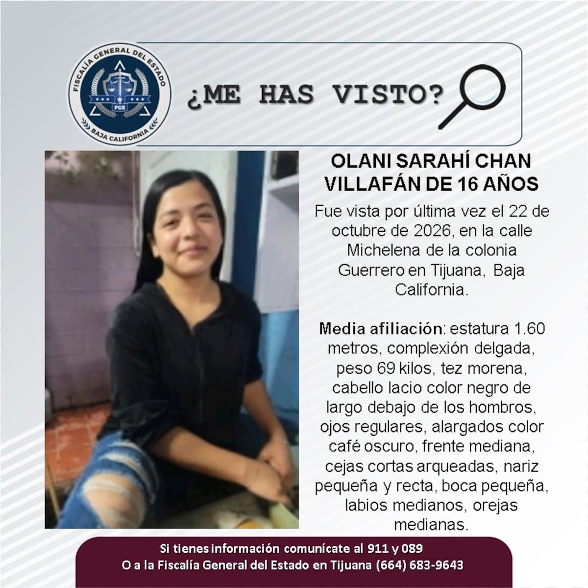 Olani Sarahí Chan Villafán fue vista por última vez el 22 de octubre en la colonia Guerrero, en Tijuana. Foto: Cortesía