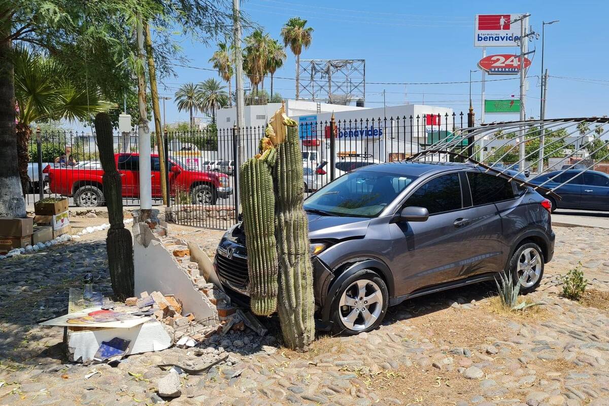 Conductor pierde el control y entra a asilo Juan Pablo II; derriba reja y choca contra cactus
