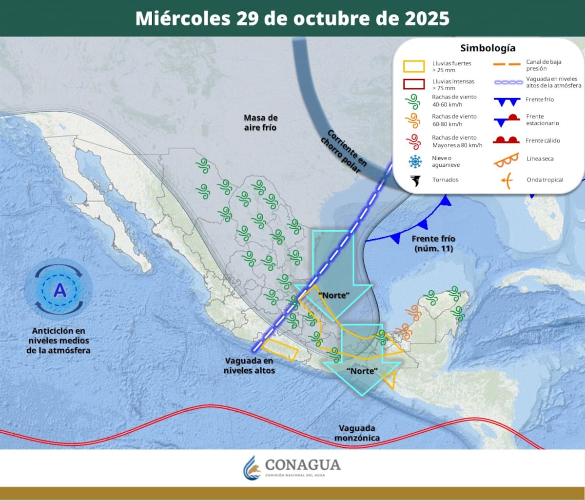 Pronóstico del clima para el miércoles 29 de octubre del 2025. | Crédito: SMN/Conagua