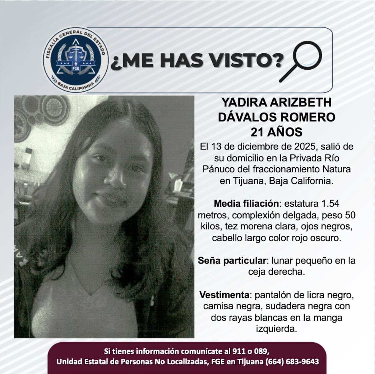 Fue vista por última vez el 13 de diciembre de 2025.