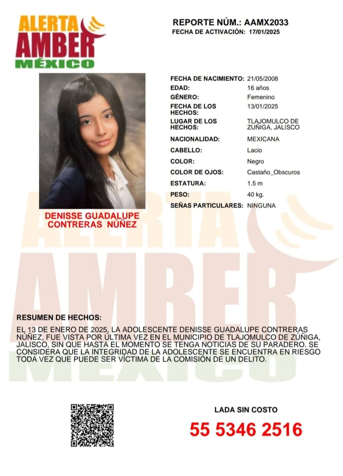Denisse Guadalupe Contreras Núñez fue vista por última vez el 13 de enero de 2025.