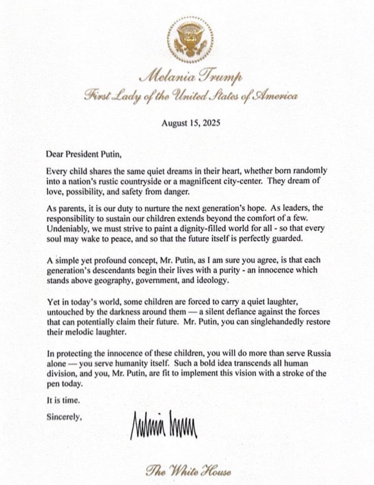 carta de Melania Trump a Putin