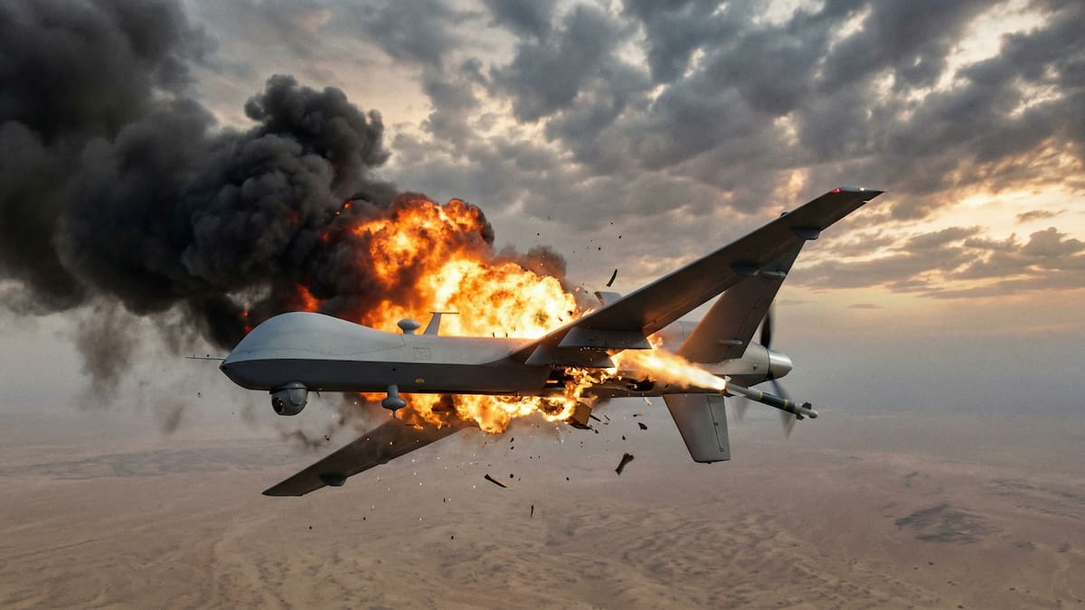 Un dron MQ-9 Reaper es impactado en pleno vuelo, evidenciando los riesgos de operar en zonas con defensas aéreas avanzadas. /Imagen ilustrativa hecha con IA