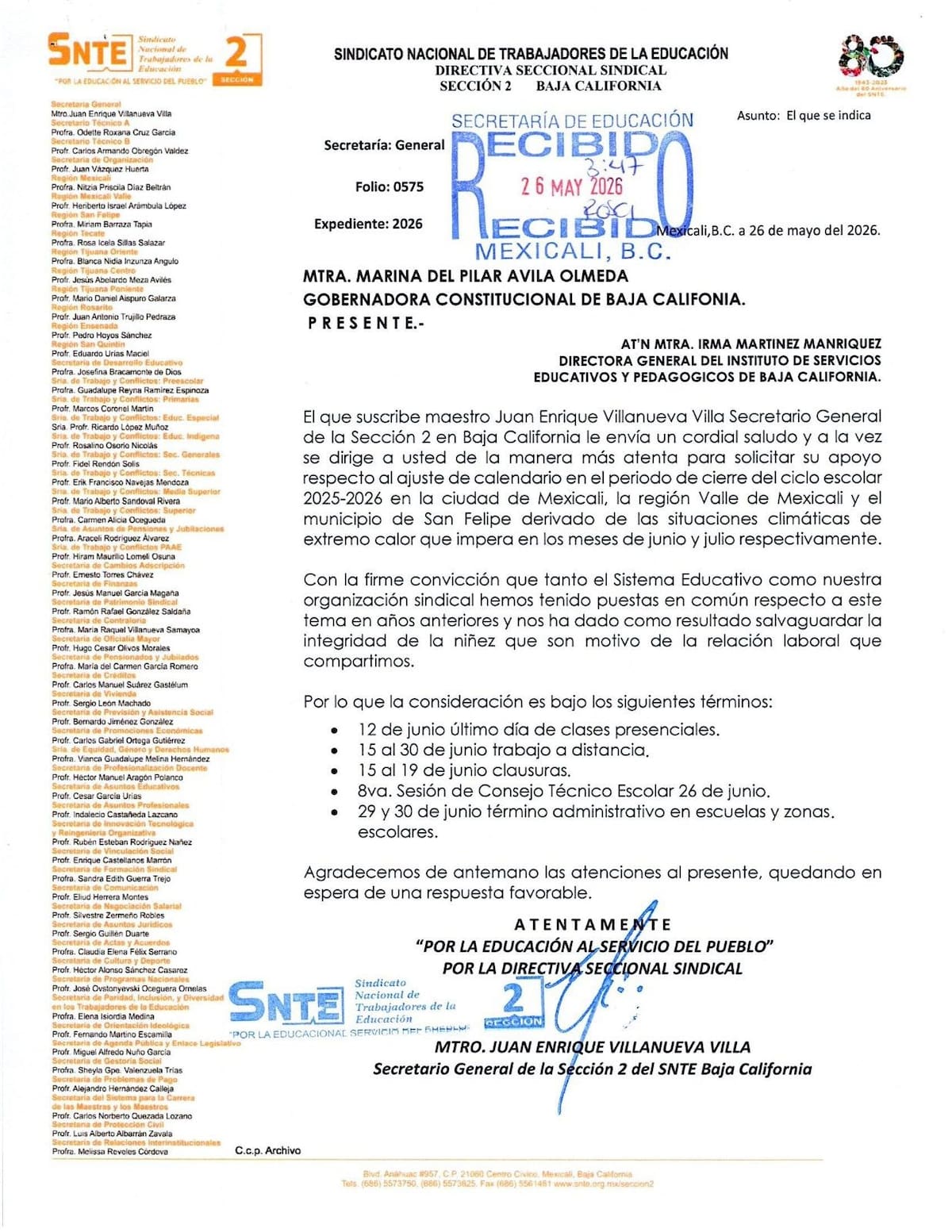 El secretario general de la Sección 2, Juan Enrique Villanueva Villa, envió el oficio directamente a la mandataria estatal, y también dirigido a la directora general del Instituto de Servicios Educativos y Pedagógicos de Baja California, Irma Martínez Manríquez.│Foto: Cortesía