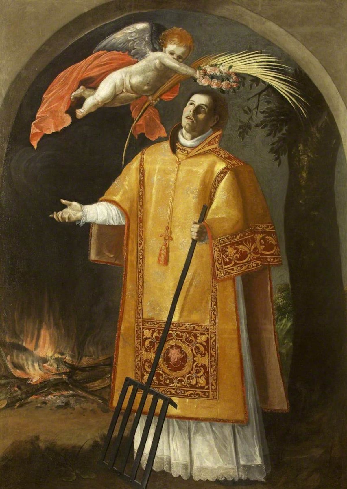 Zambrano, Juan Luis; Saint Lawrence with His Gridiron, Crowned by a Putto-Angel; National Trust, Tyntesfield; http://www.artuk.org/artworks/saint-lawrence-with-his-gridiron-crowned-by-a-putto-angel-100866
